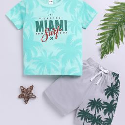 Little Ninja Cotton Half Sleeves Palm Trees Printed Coordinating Tee & Shorts Set - Multi Colour-image-50
