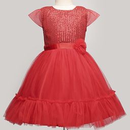 Pine Kids Woven Cap Sleeves Mesh Party Dress with Sequin Detailing & Floral Applique - Red-image-54
