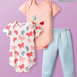 Babyoye 100% Cotton Knit Half Sleeves Onesies With Leggings Butterfly Print - Peach-picture-41