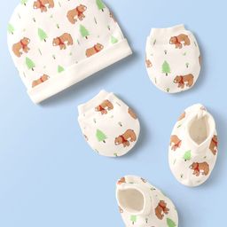 Doodle Poodle Interlock Cotton Bear Printed Cap Mittens & Booties Set White - Diameter 11.5 Cm-image-99