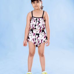 Kiddopanti Sleeveless Abstract Printed Coordinating Top & Asymmetrical Skirt Set - White & Purple-image-99