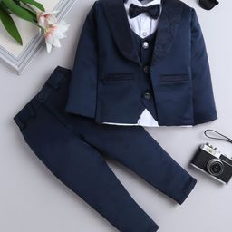 Fourfolds Cotton Full Sleeves Rhinestone Embellished 3 Piece Party Suit With Bow Set - Navy Blue-picture-44
