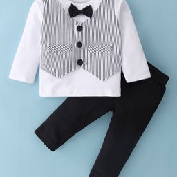 Mark & Mia Looper Knit Full Sleeves T-Shirt & Lounge Pant With Attached Stripes Waist Coat & Bow Detailing - White & Black-image-37
