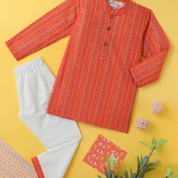 Desi Soota Cotton Woven Full Sleeves Floral & Arrow Printed Kurta & Coordinating Pyjama Set - Orange-picture-14
