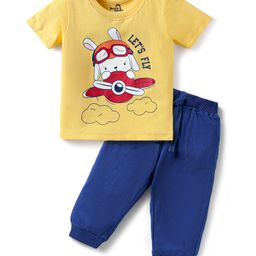 Doodle Poodle 100% Cotton Knit Half Sleeve T-Shirt & Lounge Pant Set with Airplane Print - Yellow & Blue-image-69