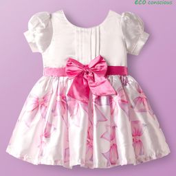 Babyoye Woven Half Puffed Sleeves Party Dress with Bow Applique & Print - Pink & White-picture-42