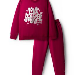 Honeyhap Premium 100% Cotton Terry Knit Winter Wear Suits with Bio Finish & Love Yourself Text Print - Wine-picture-2