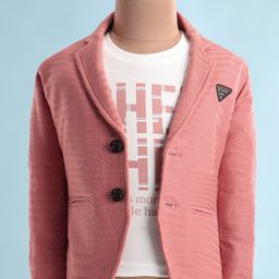 Dapper Dudes Full Sleeves Textured Blazer With Typography Printed Tee Set - Peach-picture-7