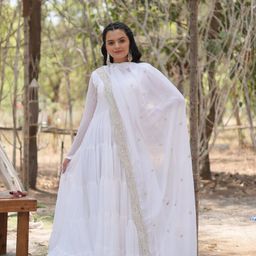 JATRIQQ Women Georgette Embroidered Tiered Gown Ethnic Dress Comes with a Dupatta-image-44