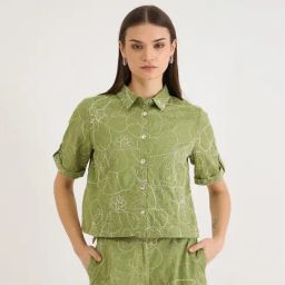 Elle Green Pure Cotton Embroidery Short Sleeves Shirt-picture-21