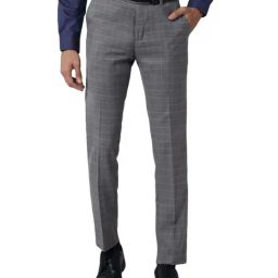 Peter England Grey Slim Fit Checks Flat Front Trousers-image-21