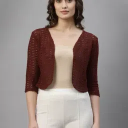 Style Quotient Women Maroon cotton self design lace crop open front shrug-11