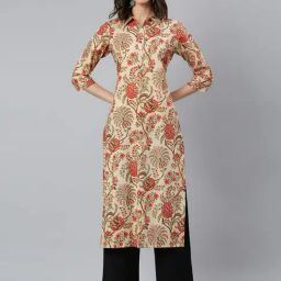 Idalia Beige Cotton Printed Straight Kurta-image-2