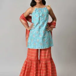 Aurelia Kids Aqua Blue & Red Floral Print Kurta, Plazzos with Dupatta-image-51