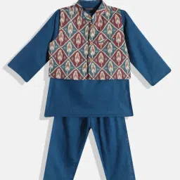 READIPRINT FASHIONS Kids Dark Blue Printed Full Sleeves Kurta, Nehru Jacket with Pyjamas-image-93