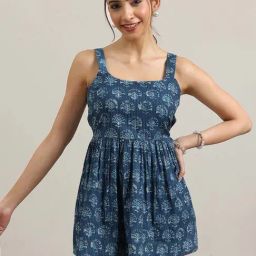 Libas Indigo Cotton Floral Printed A-Line Kurti-4
