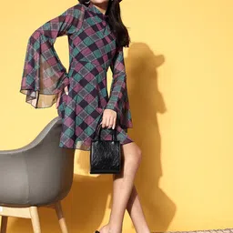 SASSAFRAS Women Chic Burgundy Checked Once Upon a Sleeve Dress-26