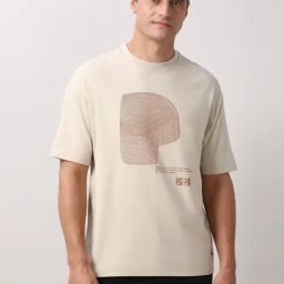Peter England Beige Cotton Regular Fit Graphic T-Shirt-picture-4