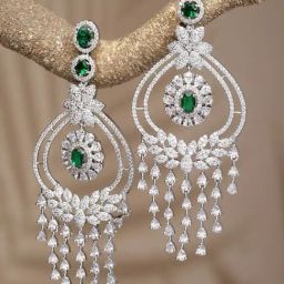 Zeneme Rhodium Plated Silver Toned Green AD Dangler Earrings-48