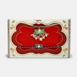 NVR Turquoise Lotus-Shaped Kundan & Beaded Handcrafted Wraparound Rakhi with Roli Chawal - Set of 2 image 2