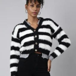 SHOWOFF Black & White Striped Cardigan-image-92