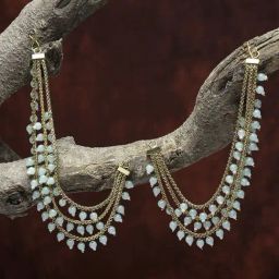 Zeneme Gold Plated Alloy Green Pearl With Ear Chain Dangler Earrings-14