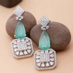 Zeneme Rhodium Plated Silver Toned Green AD Square Drop Earrings-33