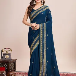 OFLINE SELECTION Ethnic Motifs Embroidered Pure Silk Saree with Blouse Piece-picture-2