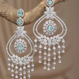 Zeneme Rhodium Plated Silver Toned Sea Green AD Dangler Earrings-43