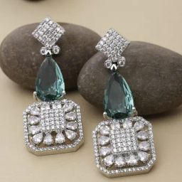 Zeneme Rhodium Plated Silver Toned Green AD Square Drop Earrings-34