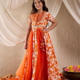 Pspeaches Girls Orange Regular Fit Printed Lehenga Choli-picture-16