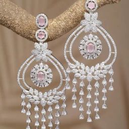 Zeneme Rhodium Plated Silver Toned Pink AD Dangler Earrings-5