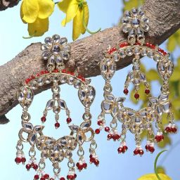 Zeneme Gold Plated Red Pearls & Kundan Studded Floral Shaped Chand Bali Earrings-3