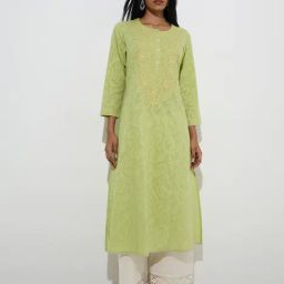 Utsa by Westside Green Jacquard-Design Cotton A-Line Kurta-image-24