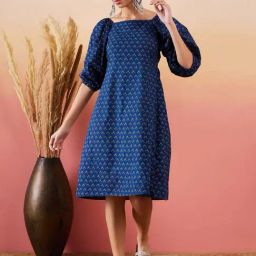Inweave Navy Cotton Floral Print A-Line Dress-picture-36