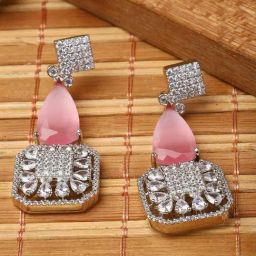 Zeneme Rhodium Plated Silver Toned Pink AD Square Drop Earrings-0