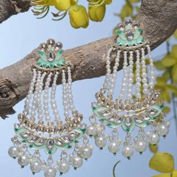 Zeneme Gold Plated White Pearls & Green Enamelled Floral Dangler Earrings-image-99