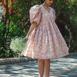 ODHANON Floral Hand Block Print Puff Sleeve Fit & Flare Oversized Dress-image-9