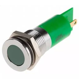 RS PRO Green Panel Mount Indicator 110V AC, Mounting Hole Size 14 mm, Termination Type Faston, Solder Lug, IP Rating IP67, Model No 8484554-23