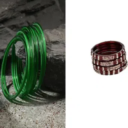 1ST TIME Set Of 16 Green Alloy Artificial Stones & Beads Bangles-picture-18