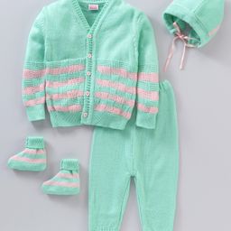 Babyhug Full Sleeves Acrylic Striped Sweater Set - Green-picture-11