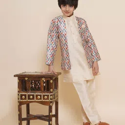 AJ Dezines Full Sleeves Solid Kurta & Pyjama With Seamless Motif Printed & Striped Designed Thread Work Detailed Jacket - Beige-picture-24