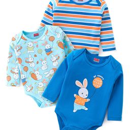 Babyhug 100% Cotton Knit Full Sleeves Onesies Pack Of 3 With Bunny Print - Blue & Orange-image-51