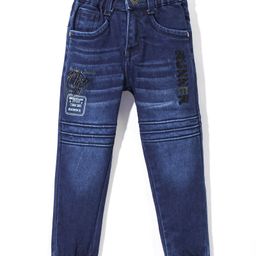 Olio Kids Denim Woven Full Length Jeans With Text Embroidery Solid Colour - Deep Blue-image-79
