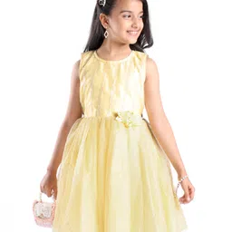 Pine Kids Woven Sleeveless Sequinned Party Frock with Floral Applique - Yellow-picture-7