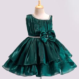 Bluebell Tissue Sleeveless Party Frock With Embellished & Bow Applique- Green-image-12
