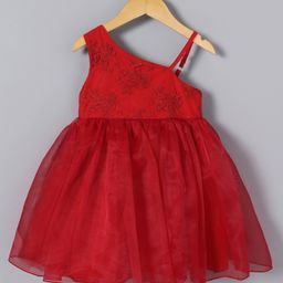 Kookie Kids One Shoulder Sleeveless Party Frock with Floral Embroidery - Red-image-68