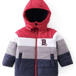 Babyhug Full Sleeves Striped Padded Jacket With Pockets & Detachable Hood - Red & White-27
