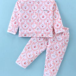 ToffyHouse 100% Cotton Single Jersey Knit Full Sleeves Front Open Floral Printed Night Suit - Light Pink-image-31