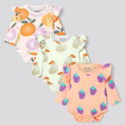 Bonfino 100% Cotton Full Sleeves Onesies With Fruit Print & Frill Detailing Pack Of 3 - Peach Light Green & Purple-image-23